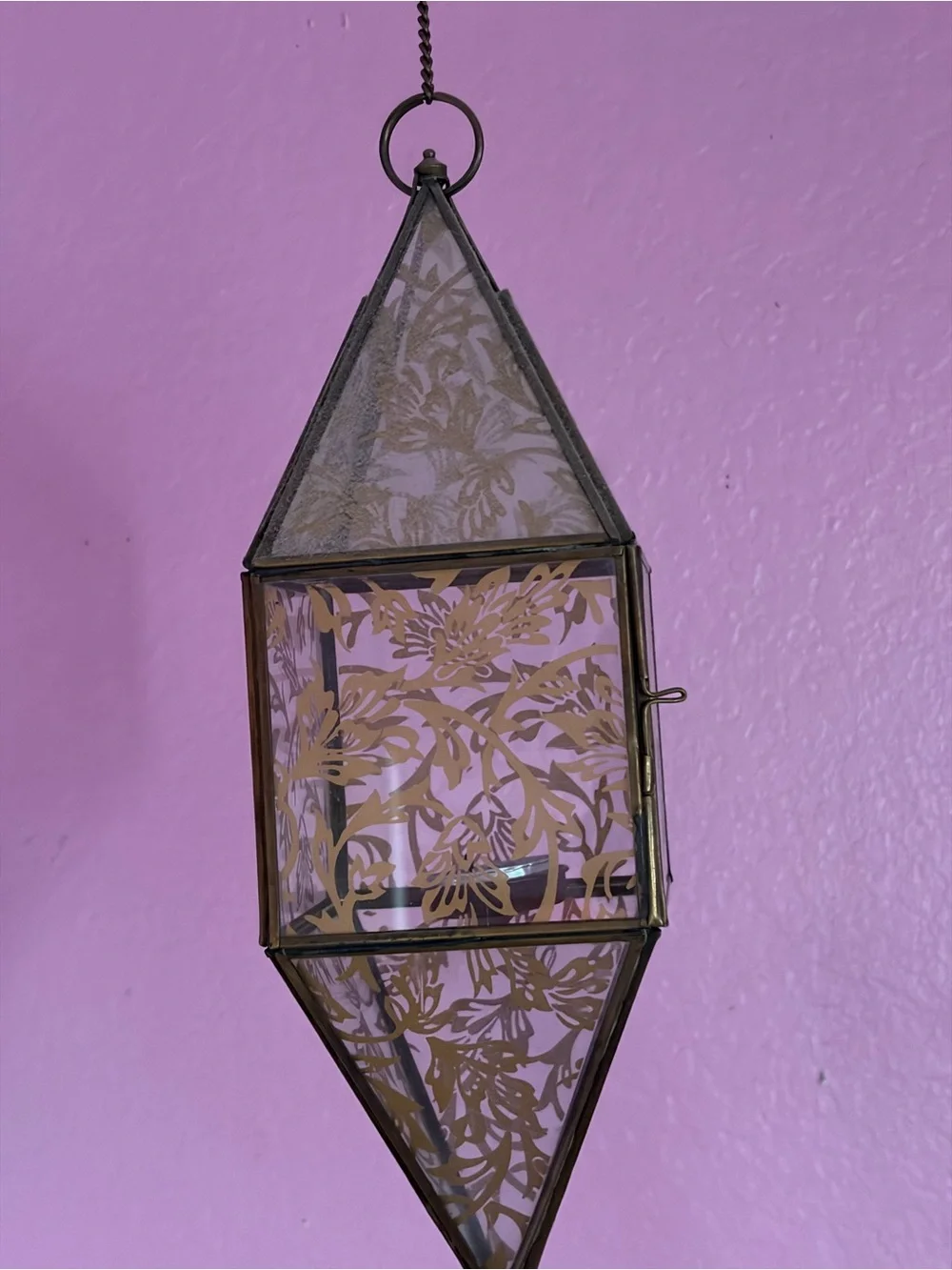 Decorative Hanging Glass Pendant Lantern in Brass-Tone with Floral Etch